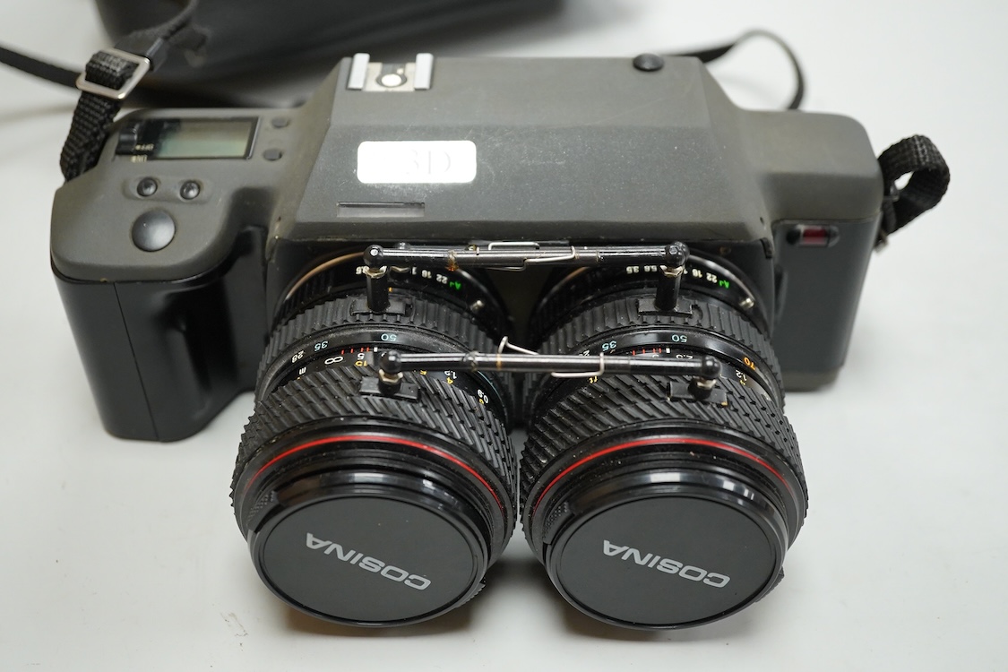 An RBT 3D X2 stereo camera, 35mm with full frame images, based on two KR-10M SLR's woth Aettl metering coupled with Tokina 28-70mm f3.5- 4.5 zoom lenses, in a fitted leatherette case